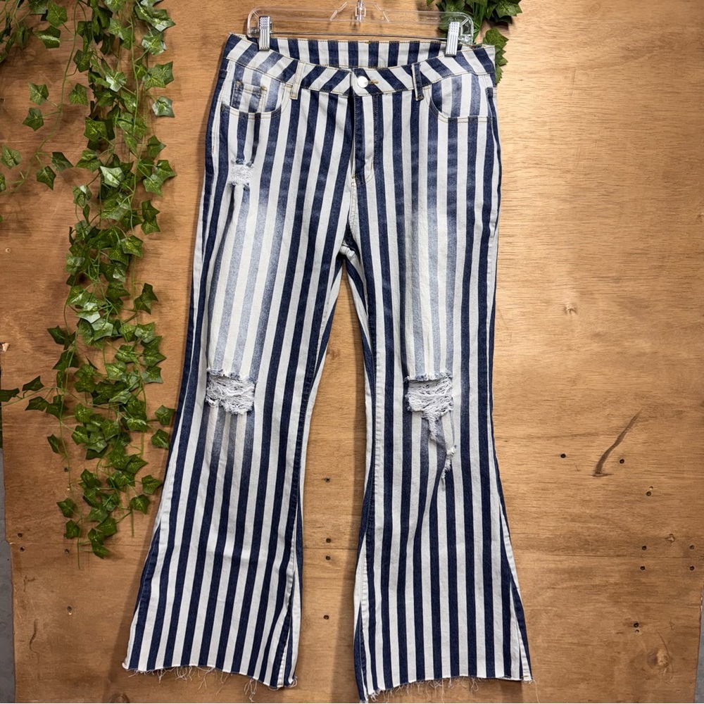 Striped Blue and White Distressed Flare Jeans